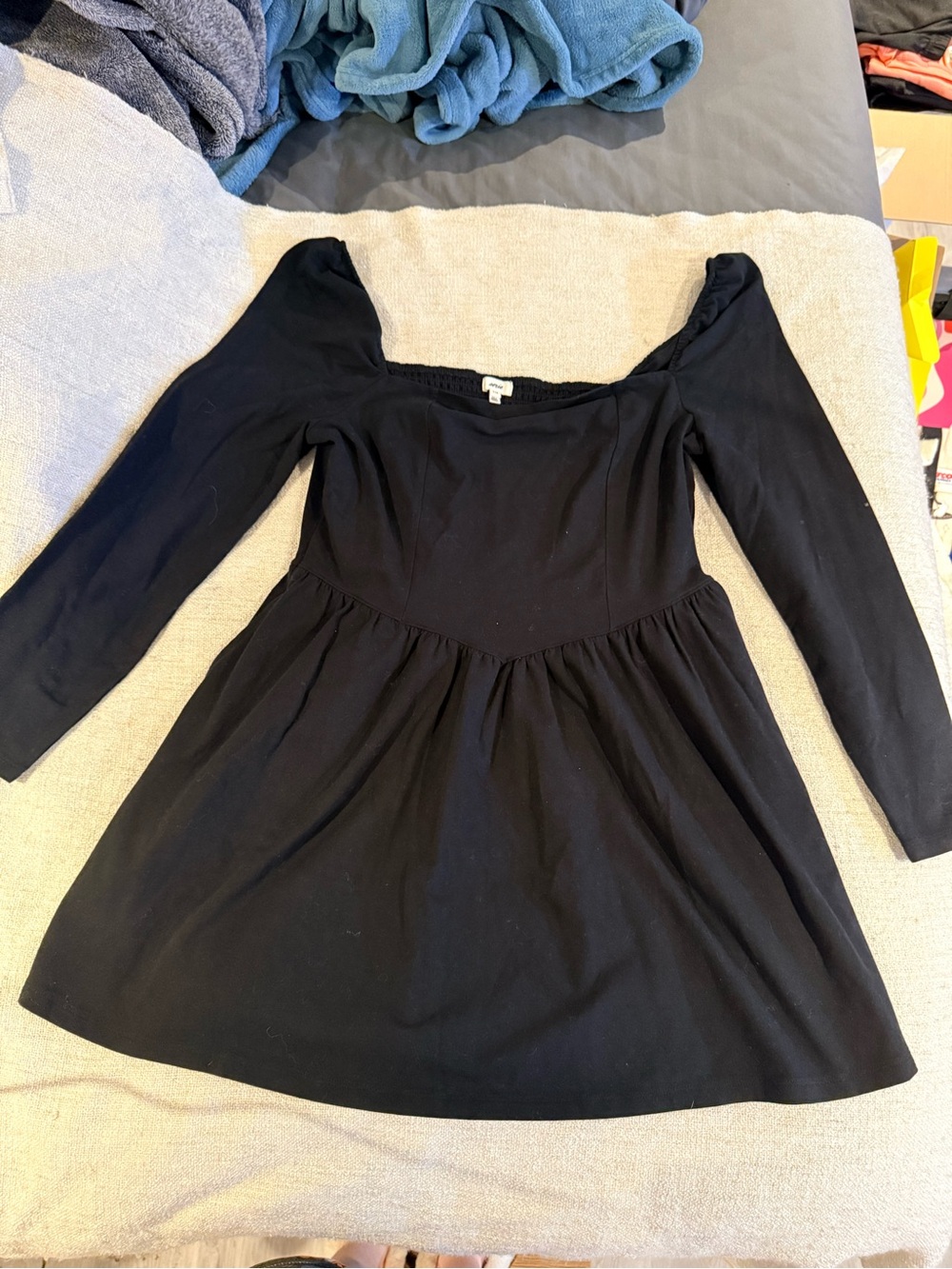 Aerie Black Square Neck Long Sleeve Babydoll Mini Dress L NWT